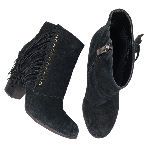 Eva & Zoe | Florence Black Genuine Suede Leather Fringe Heeled Ankle Booties 6.5 - Picture 1 of 13